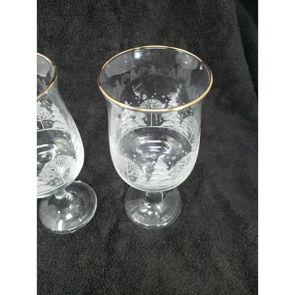 Arby's Libbey Glass Vintage Winter Wonderland Goblets Trees Snow Gold Rim 1980s